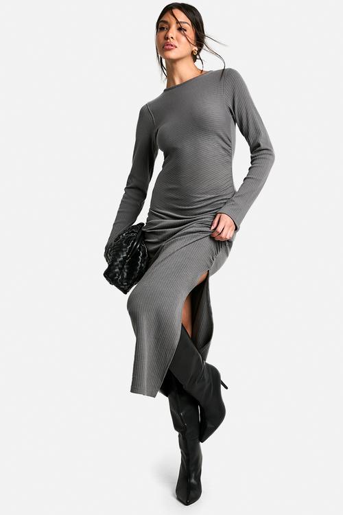 Ruched rib midaxi dress - charcoal