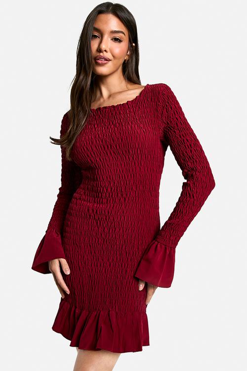 Shirred long sleeve mini dress - burgundy