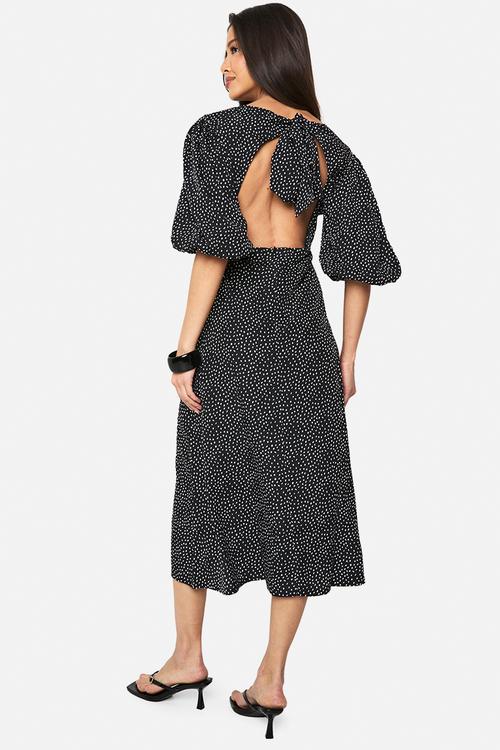 Polka dot puff sleeve tie back midi dress - black
