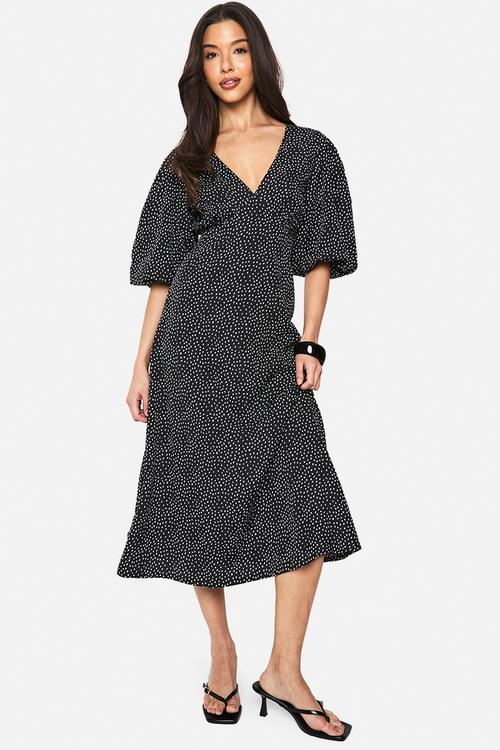 Polka dot puff sleeve tie back midi dress - black