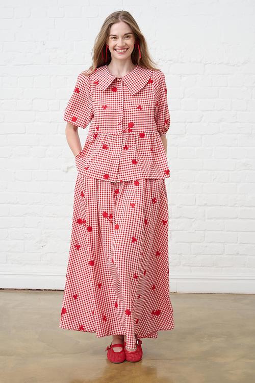 Embroidered Gingham Skirt - Red