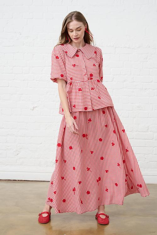 Embroidered Gingham Skirt - Red