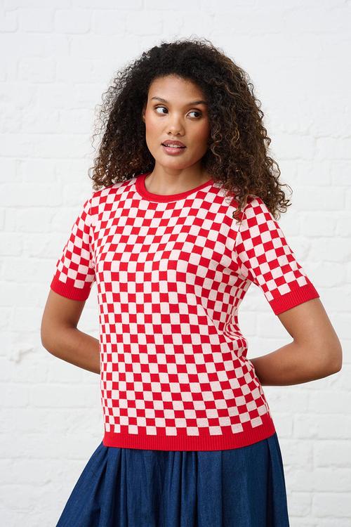 Knitwear Top in Check - Cherry Red