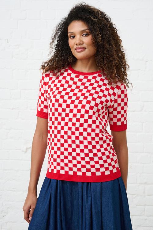 Knitwear Top in Check - Cherry Red