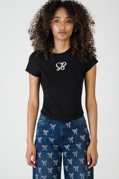 Ladies theresa regular t-shirt with chain charm - black
