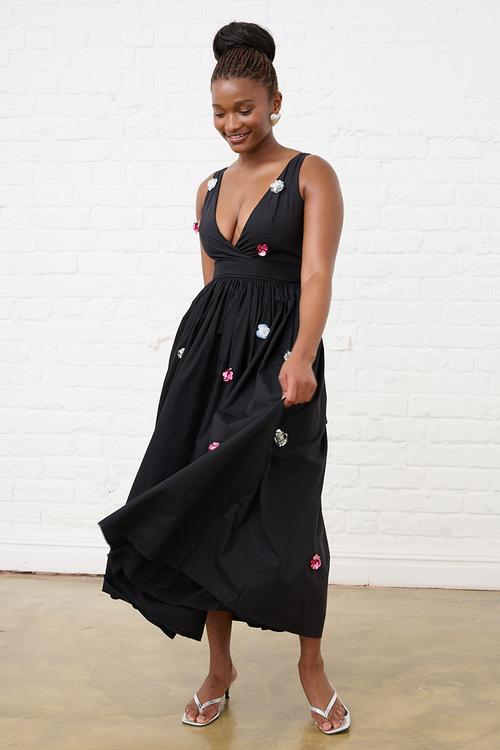 Embellished Flower Circular Wrap Dress - Black