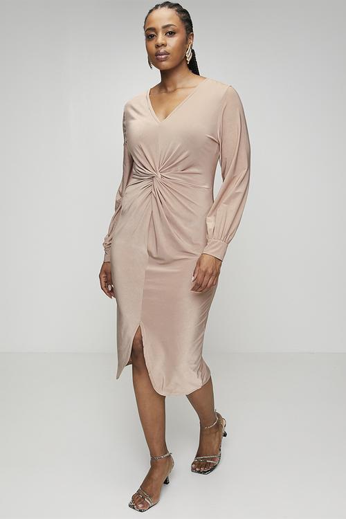 Plus twist front plunge midi dress - stone