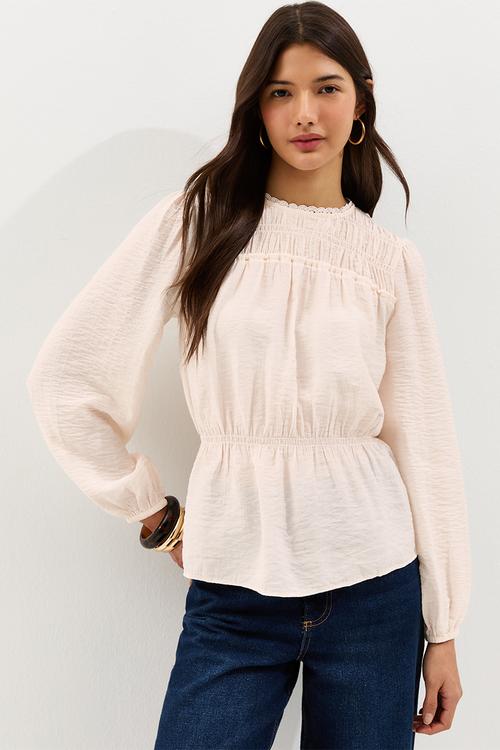 Vde shelly shirred crew neck blouse  - white