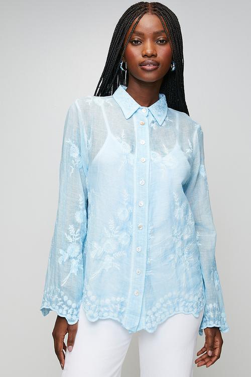 Long sleeve Embroidered Voile Blouse With Hem And Scallop - Pale Blue