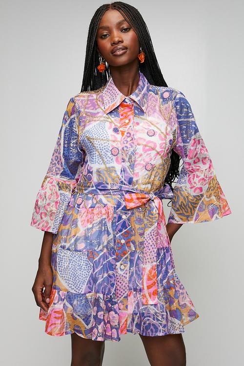 Half Sleeve With Flutter Button Through Hand Work Dress With Tie Belt - Multi
