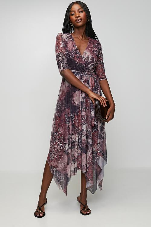 Half Sleeve V-Neck Wrap Style Maxi With Hankerchief Hem - Burgundy