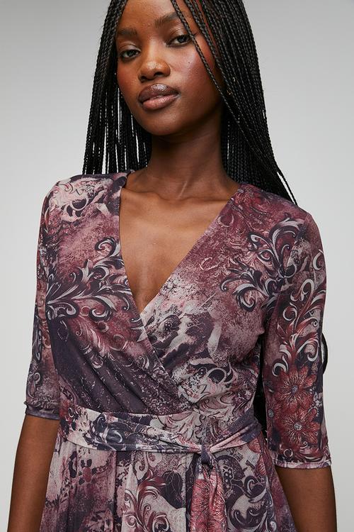 Half Sleeve V-Neck Wrap Style Maxi With Hankerchief Hem - Burgundy