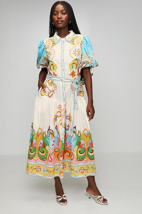 Puff Button Through With Collar Maxi Dress Border Print - Multi