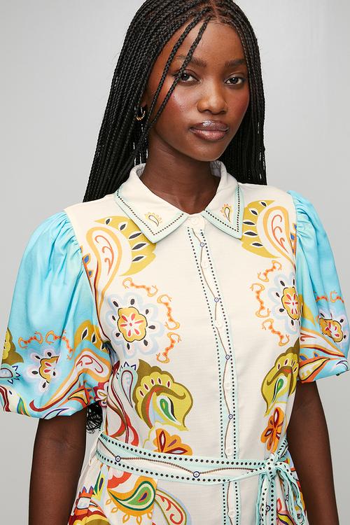 Puff Button Through With Collar Maxi Dress Border Print - Multi