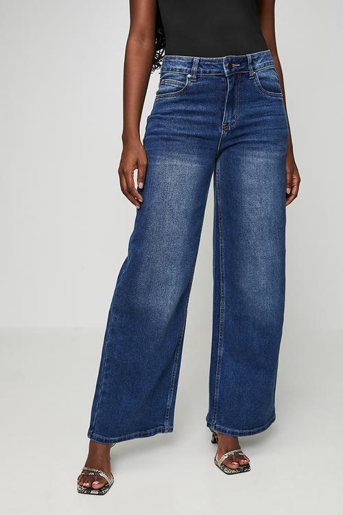 Mid waist wide leg denim jean - dark wash denim