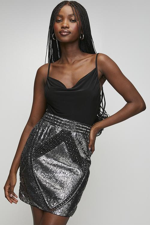 Sequin Mini Skirt With Pattern Detail Fully Lined - Silver