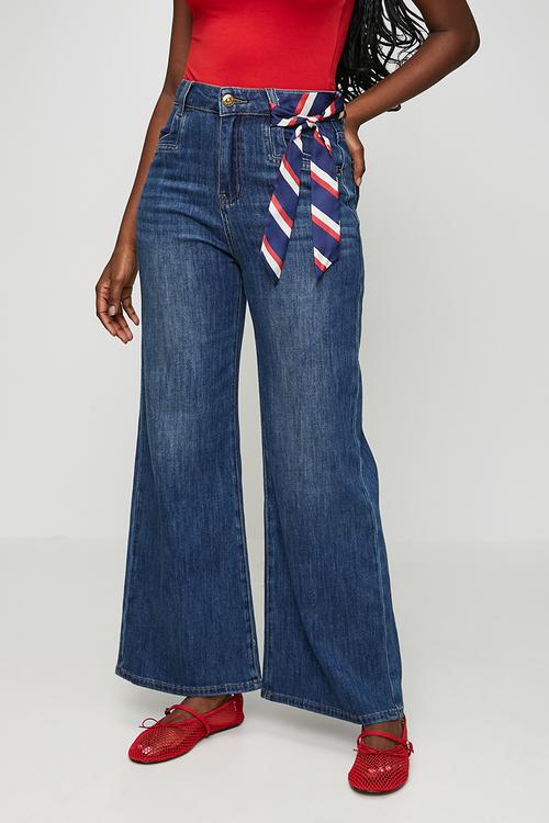 High Waisted Wide Leg Denim Jean With Kick Flare At Hem And Fabric For Bow - Dark Denim