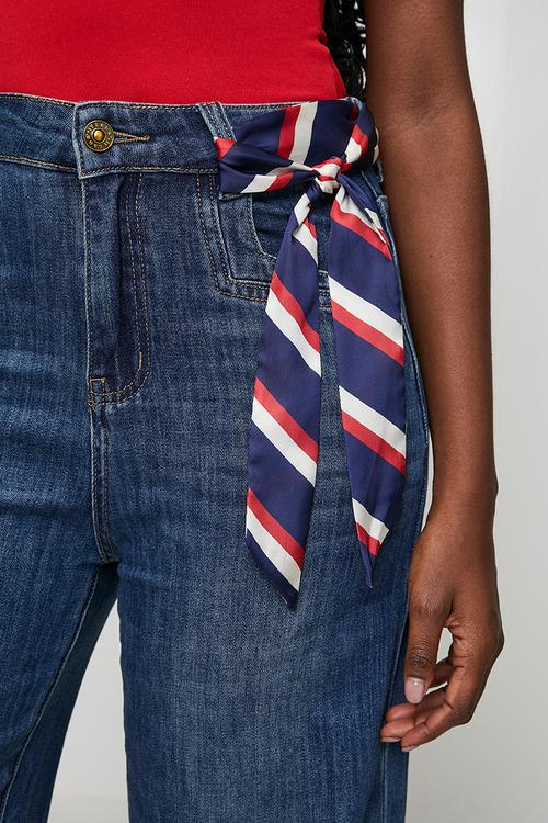 High Waisted Wide Leg Denim Jean With Kick Flare At Hem And Fabric For Bow - Dark Denim
