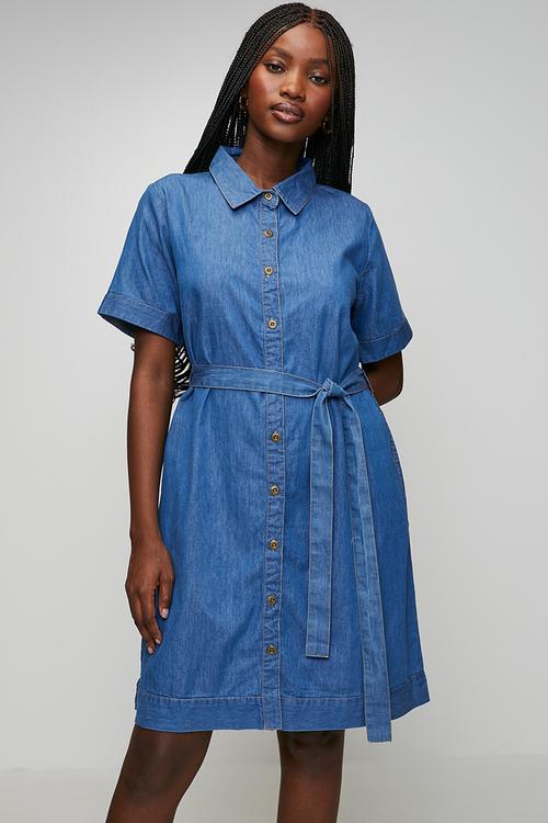 1/2 sleeve midi dress with scoop hem button through denim - mid wash denim