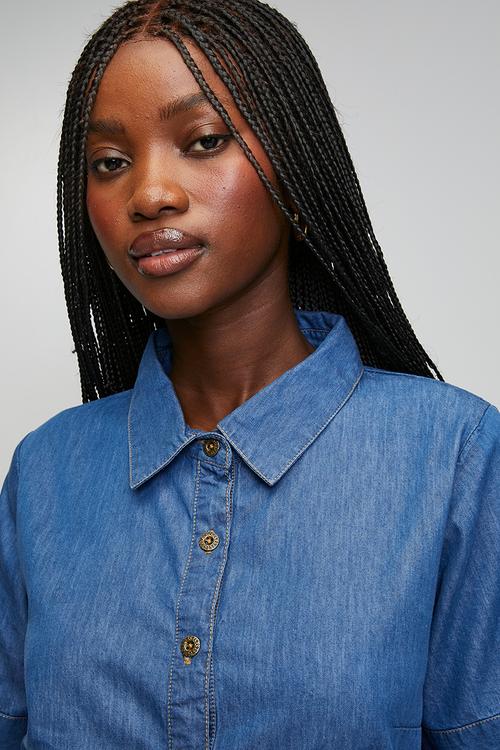 1/2 sleeve midi dress with scoop hem button through denim - mid wash denim