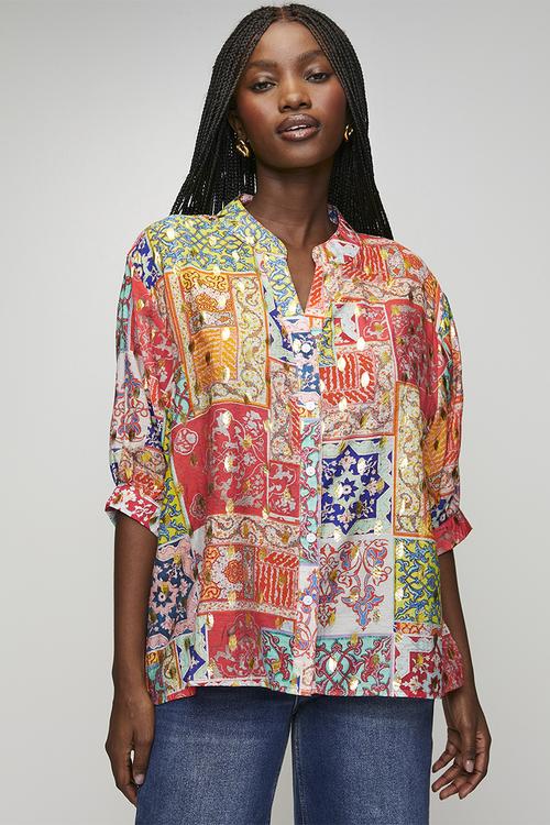 Half Sleeve Batwing Blouse With Foil Print Detail - Multi Red