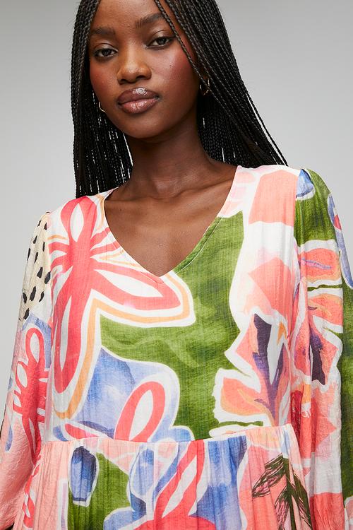 Half Sleeve With Flutter V-Neck Multi Tiered Maxi Dress - Multi