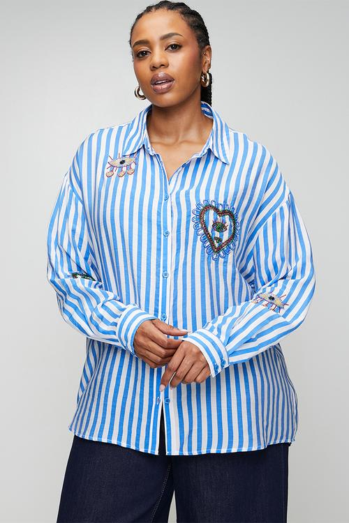 Plus Beaded Shirt in Blue Stripe - Blue