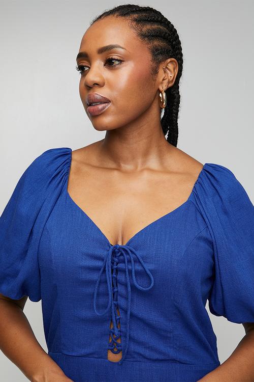 Plus Cobalt Linen Blend Dress with Lace Up Detail - Blue