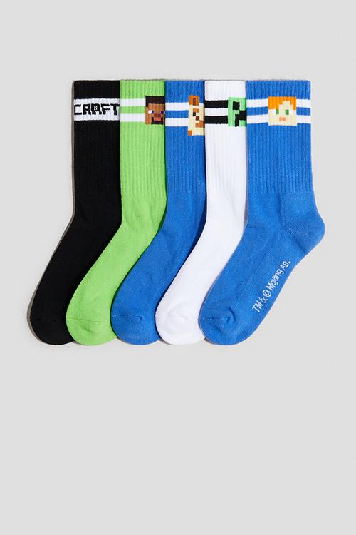 5-pack intarsia motif socks - blue & minecraft