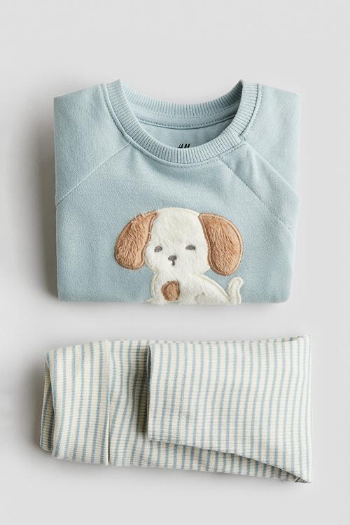 2-Piece cotton set - dusty turquoise puppy