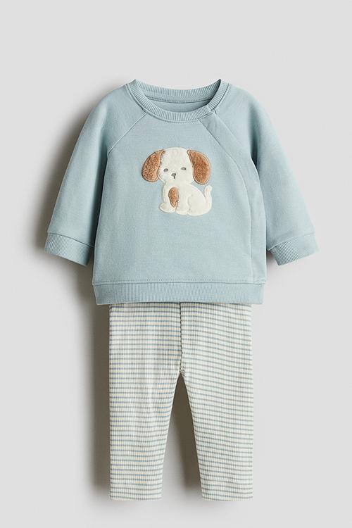 2-Piece cotton set - dusty turquoise puppy