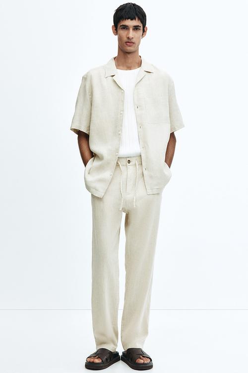 Regular fit linen-blend trousers - beige