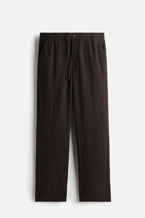 Regular fit linen-blend trousers - brown