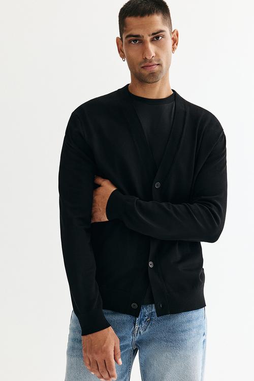 Regular fit fine-knit cardigan - black