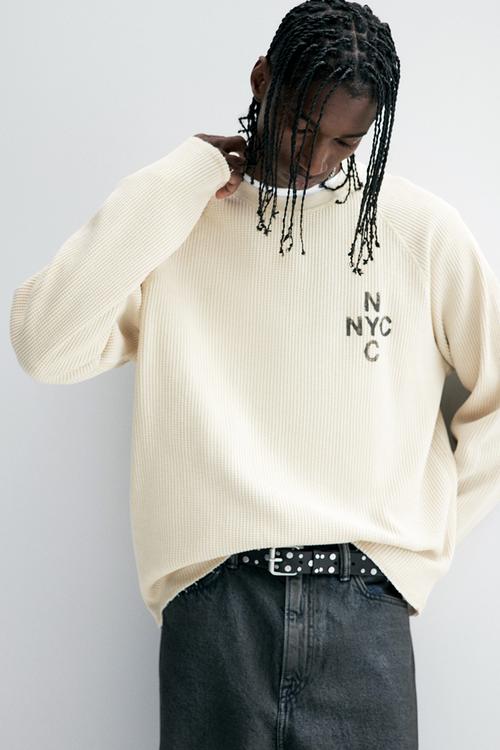 Regular fit waffled long-sleeved top - light beige nyc