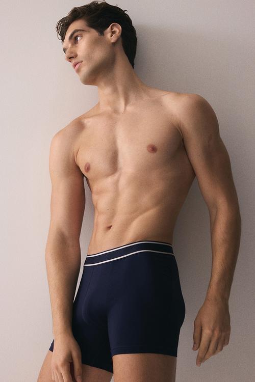 3-Pack mid trunks - grey marl & navy blue striped