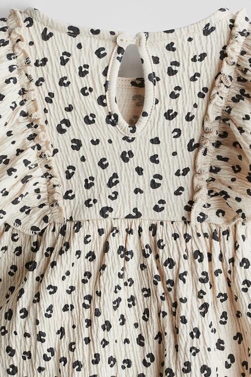 Crinkled cotton dress - cream/leopard print