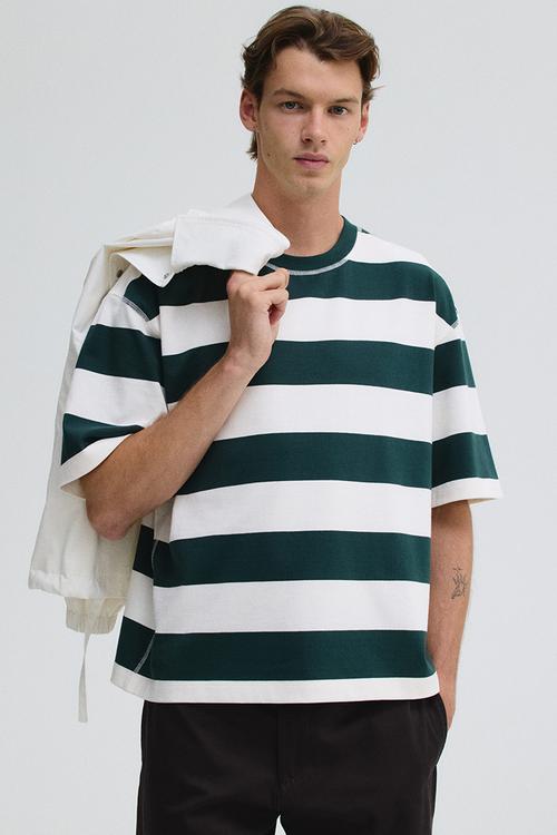 Loose fit T-shirt - forest green & white striped