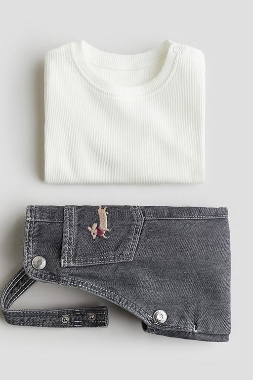 2-piece dungarees and top set - grey/dogs
