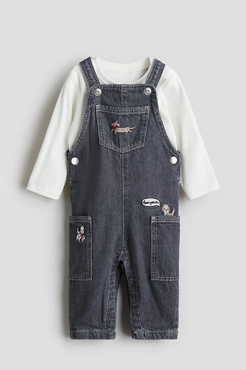 2-piece dungarees and top set - grey/dogs