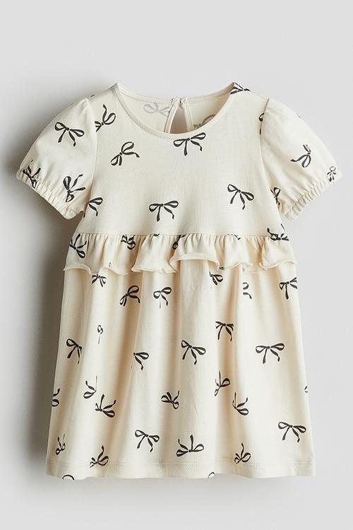 Frill-trimmed cotton dress -  cream/bows