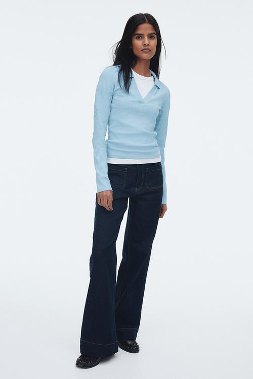 Ribbed collared top - light blue 