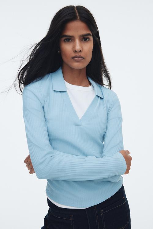 Ribbed collared top - light blue 