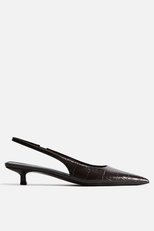 Kitten-heeled pointed slingbacks - dark brown/crocodile pattern