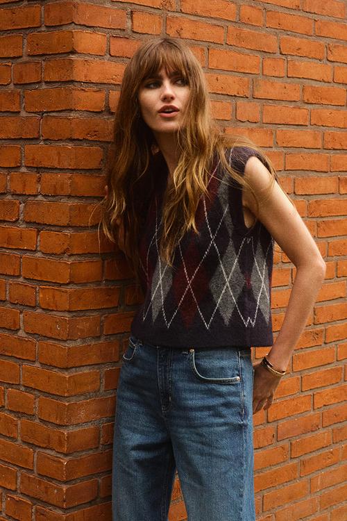 Jacquard-knit sweater vest -  navy blue/argyle pattern