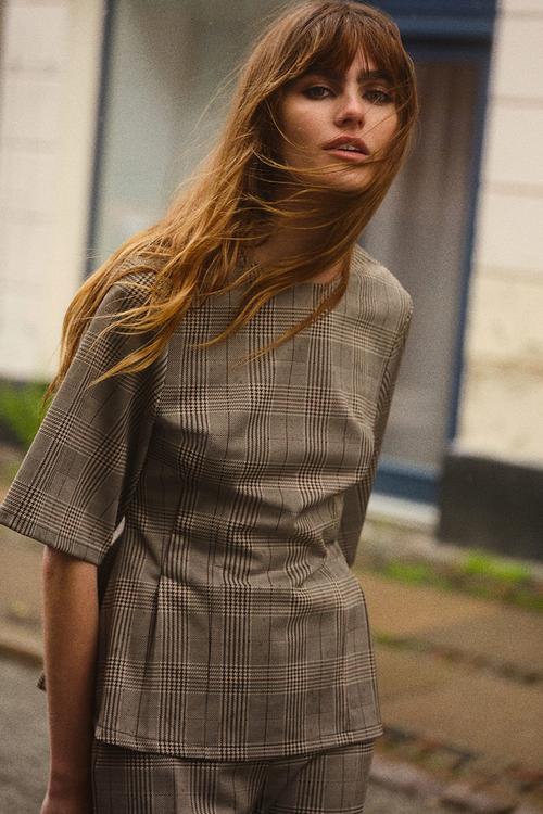 Waisted top - dark brown/checked
