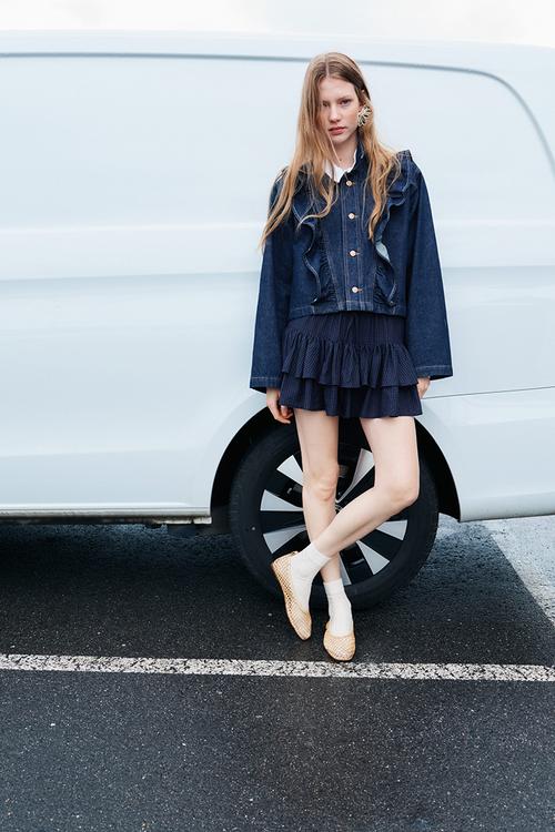 Frill-trimmed denim jacket - dark denim blue