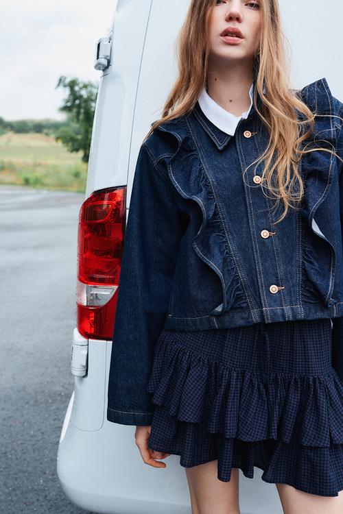 Frill-trimmed denim jacket - dark denim blue