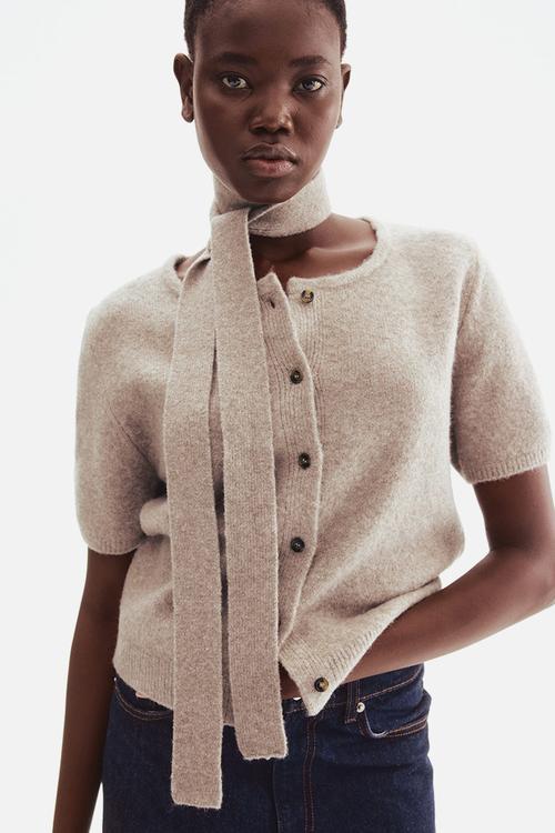 Scarf-detail cardigan - beige marl