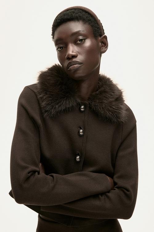 Fine-knit collared cardigan - dark brown